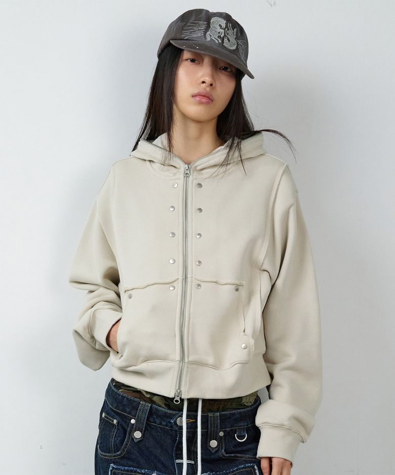 STUDDED FULL ZIP-UP HOODIE (W) BEIGE