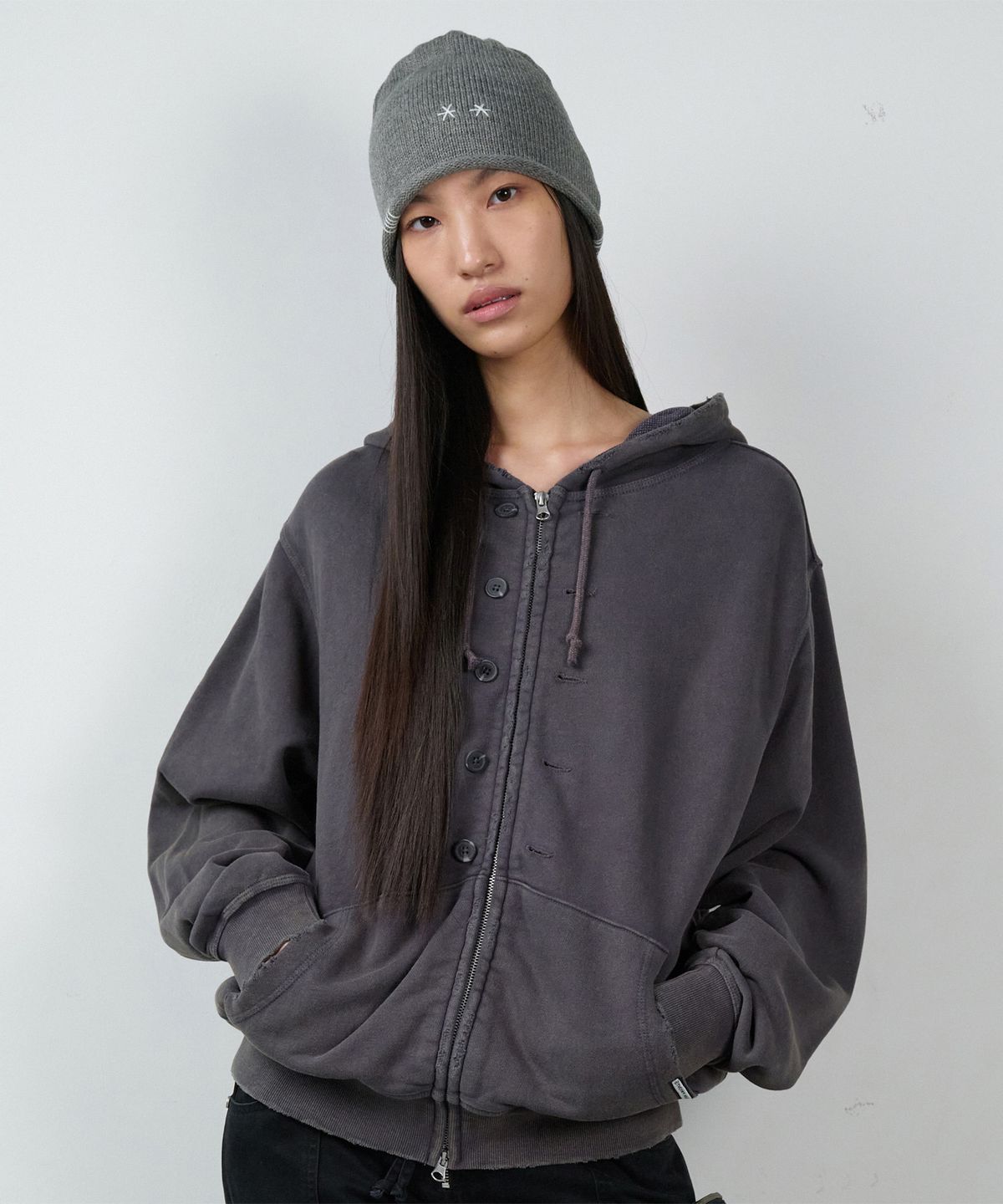 더바이닐하우스(THEVINYLHOUSE) BUTTON WASHED HOODIE ZIP-UP PURPLE
