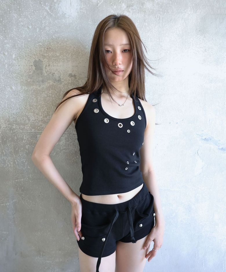 Eyelet Halterneck Sleeveless - Black 