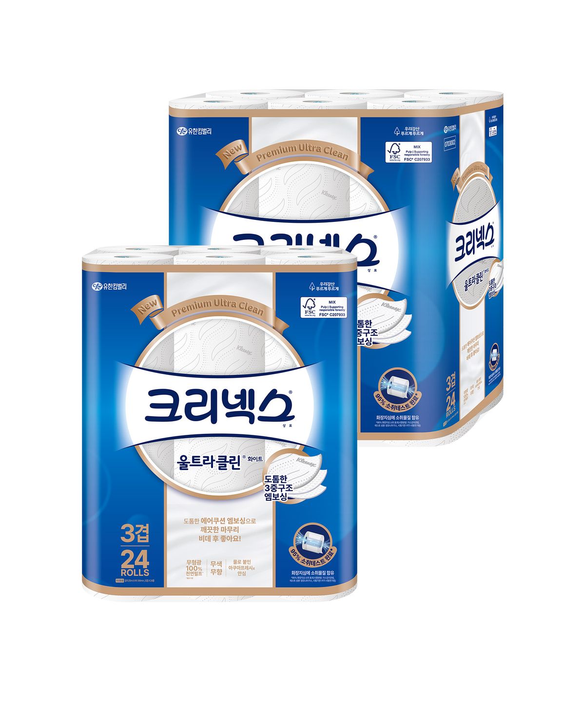 크리넥스(KLEENEX) 리뉴얼 3겹 천연펄프 울트라클린 화이트 롤화장지 25M-24롤x2팩