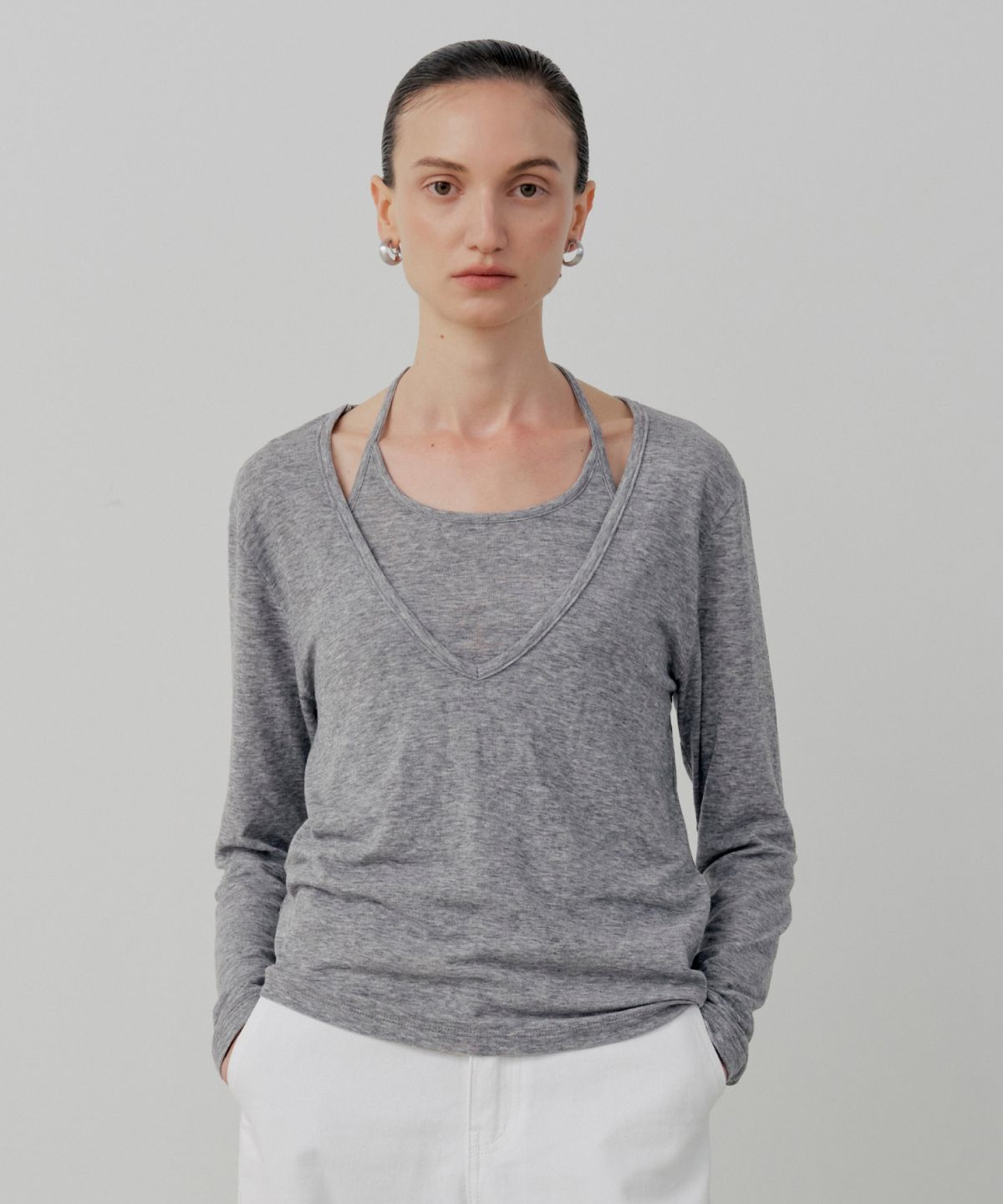 르세지엠(LESEIZEME) [Set-Up] Soft Tencel Halter Layered T-Shirt - Melange Gray