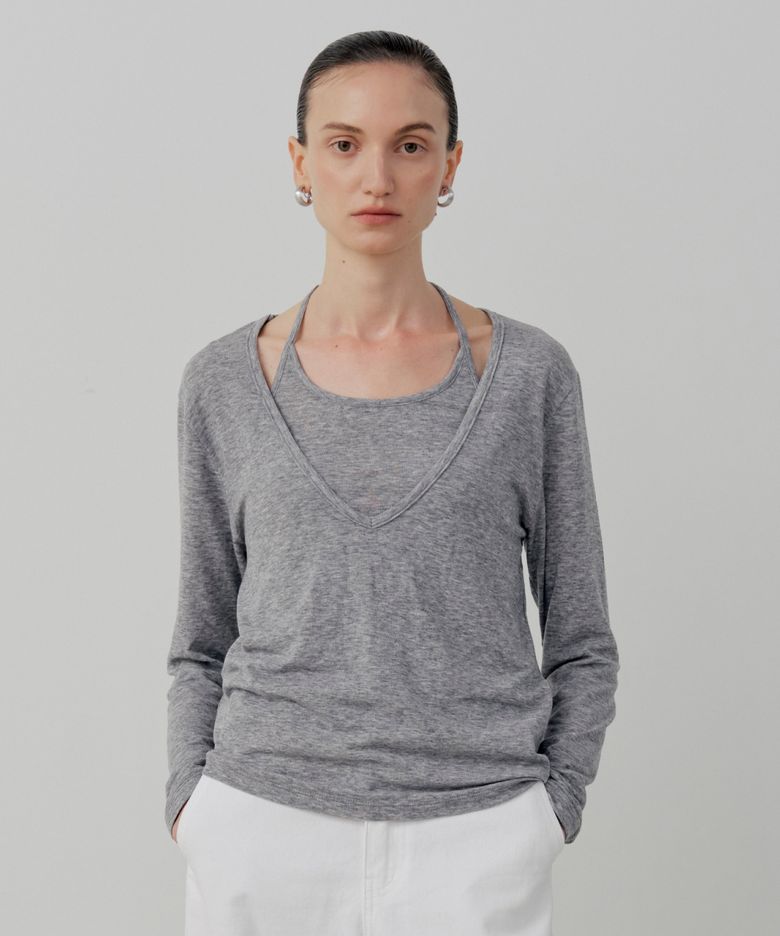 [Set-Up] Soft Tencel Halter Layered T-Shirt - Melange Gray