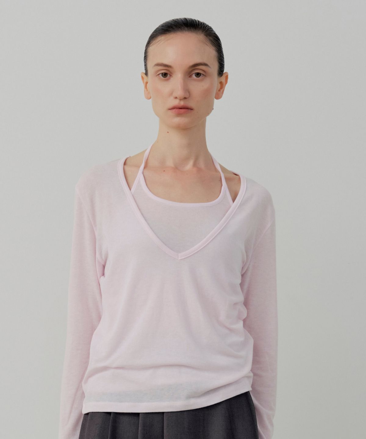 르세지엠(LESEIZEME) [Set-Up] Soft Tencel Halter Layered T-Shirt - Pink