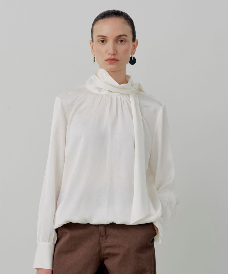 Classic Satin Tie Drape Blouse - Ivory