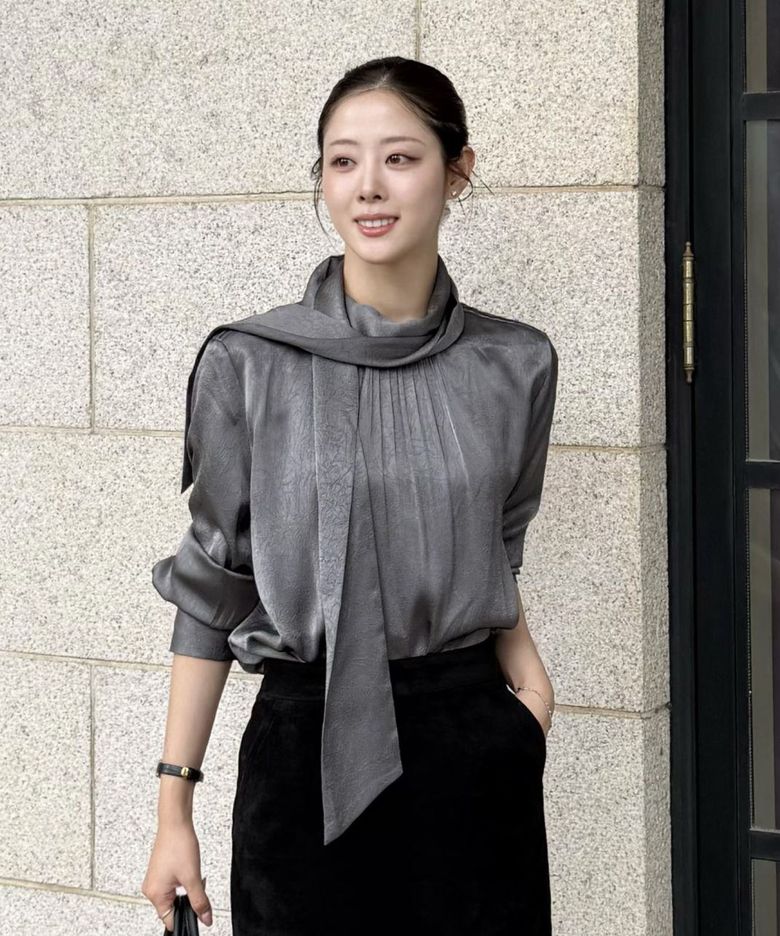 Classic Satin Tie Drape Blouse - Gray