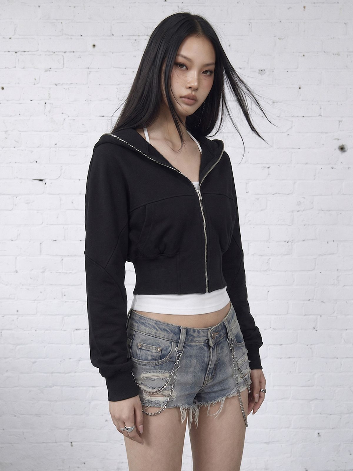 바운더리(BOUNDARY) GLAM CROPPED SWEAT ZIP-UP HOODIE BLACK