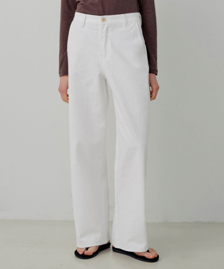 Basic Twill Cotton Semi Wide Pants - Ivory