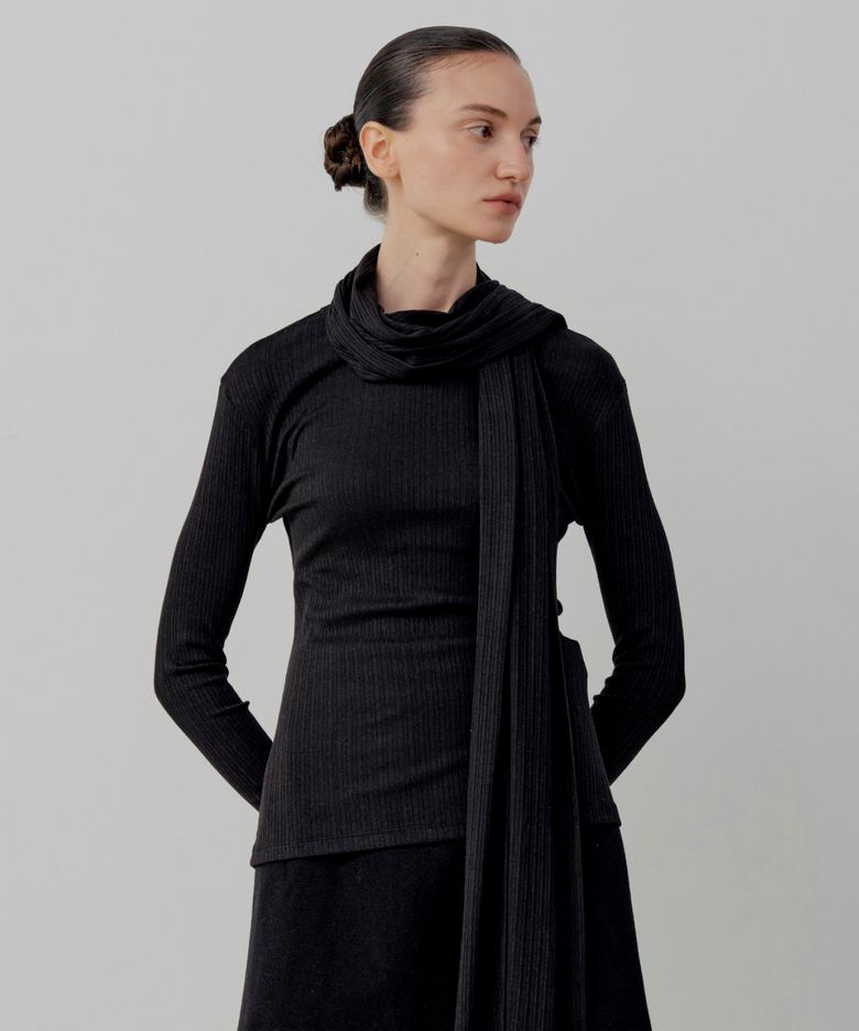 Soft Modal Scarf Rib T-Shirt - Black
