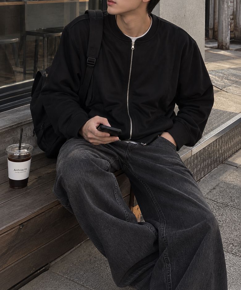미니멀 라운드 절개 집업 자켓_블랙
