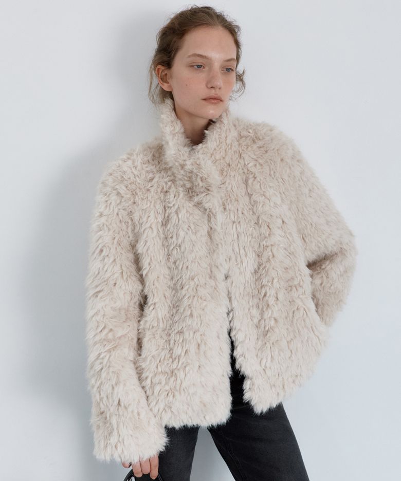[앨리스 펑크X유라고] Curly fluffy fur jacket_Cream beige