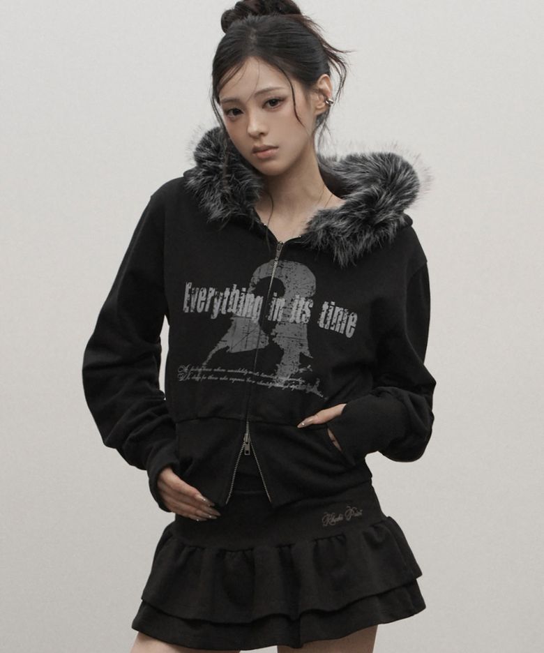 Static Fur Hood Zip-up (black)