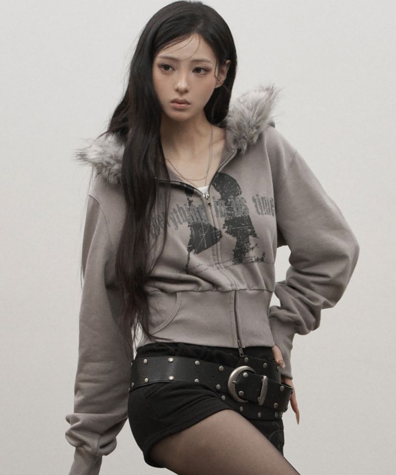 Static Fur Hood Zip-up (khaki gray)