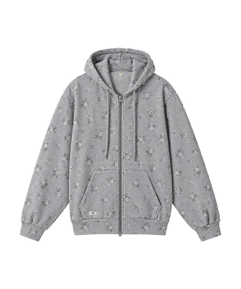 FLORAL ZIP-UP HOODY_MELANGE GREY