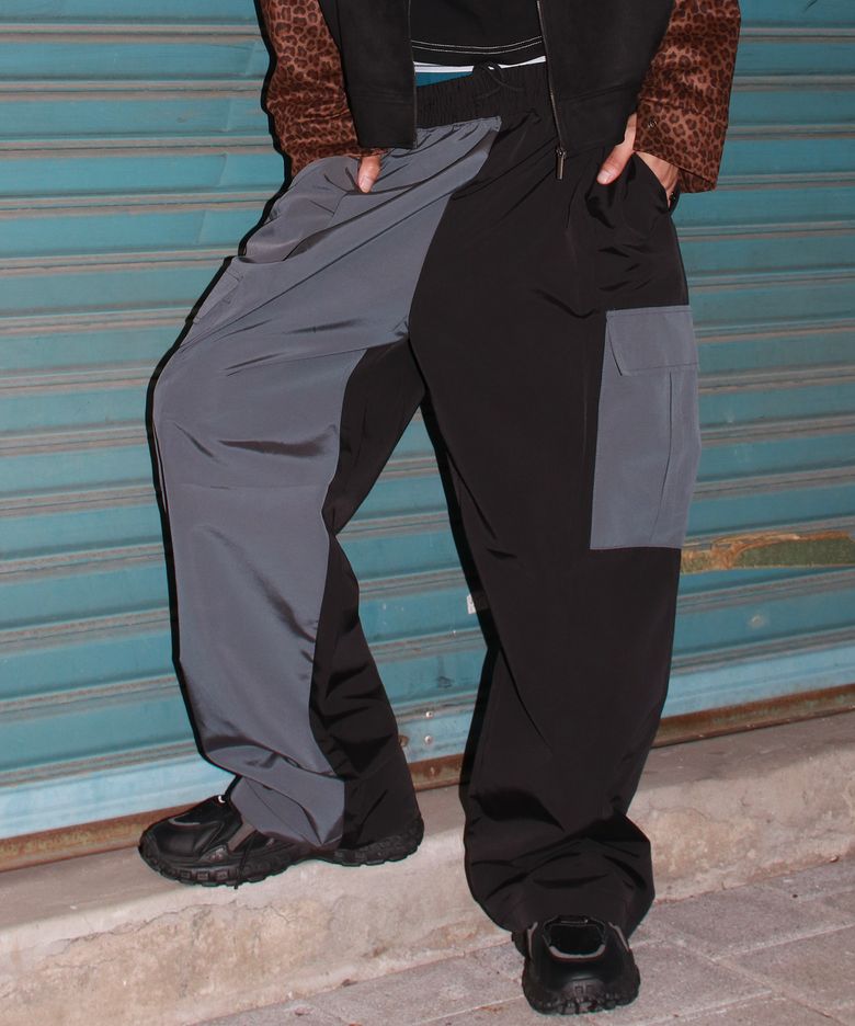 M Asymmetrical tone on tone Cargo Wide track pants - Charcoal & Black