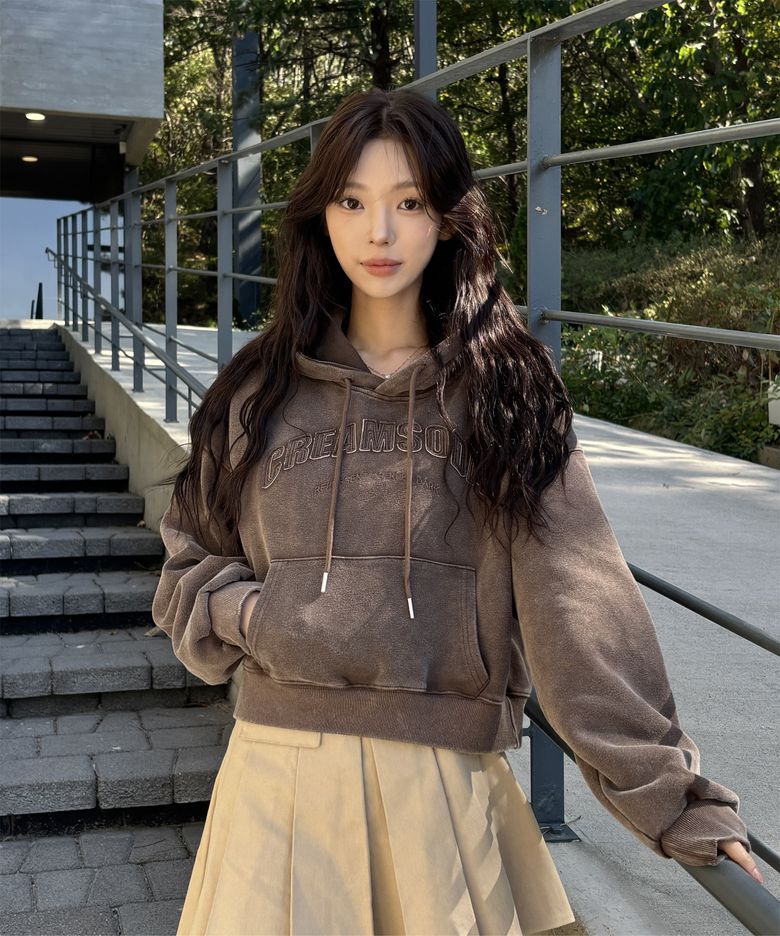 피그먼트 패치워크 로고 크롭 후드티 브라운
