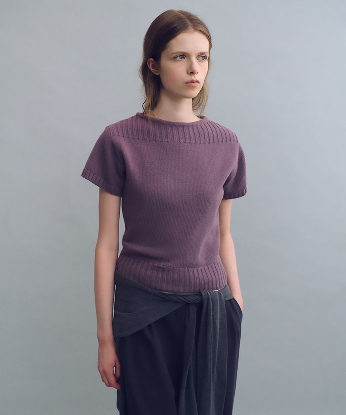 아우브아워(AUBOUR) boat-neck half knit (mauve)