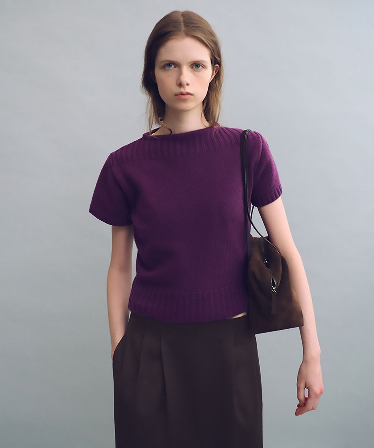 아우브아워(AUBOUR) boat-neck half knit (purple)