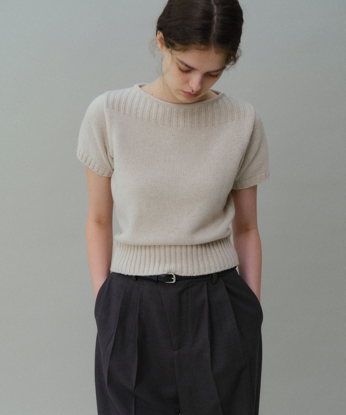 아우브아워(AUBOUR) boat-neck half knit (oatmeal)