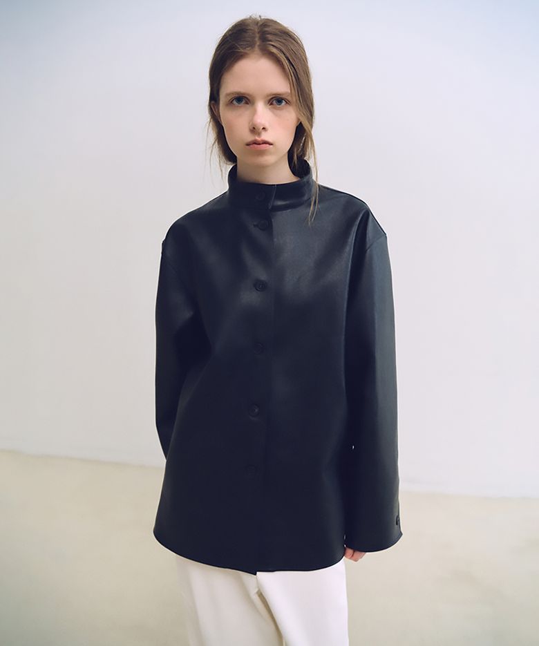 linear high neck jacket (leather black)