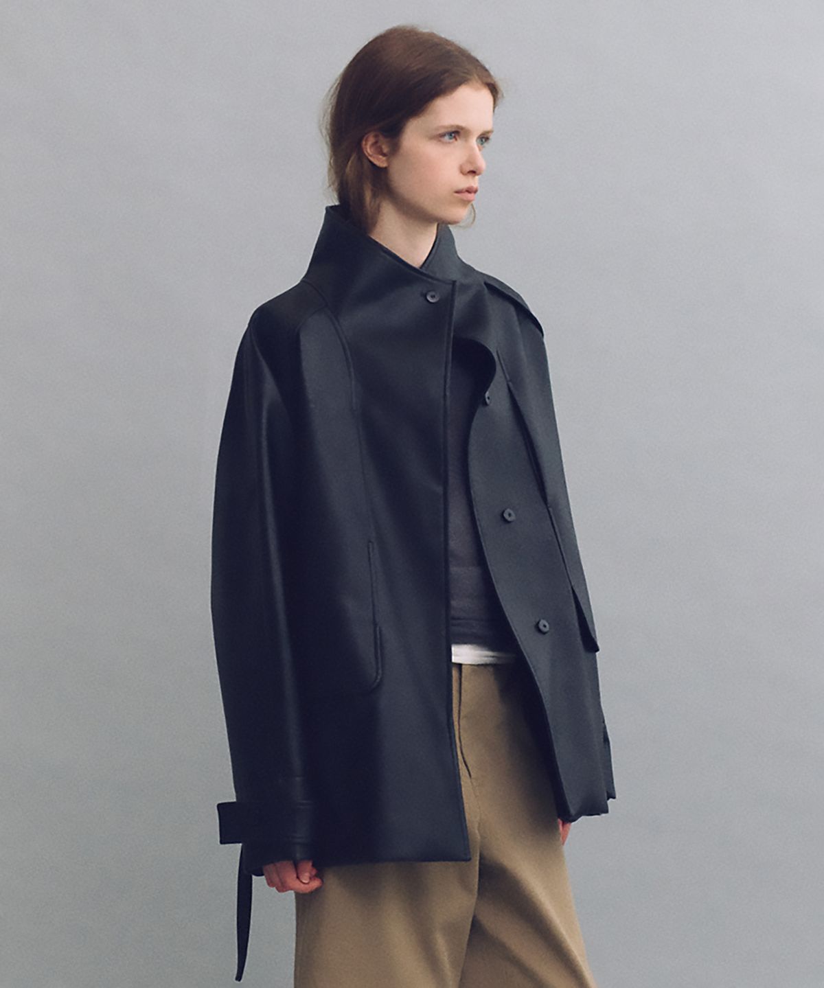 아우브아워(AUBOUR) vent half trench coat (leather black)