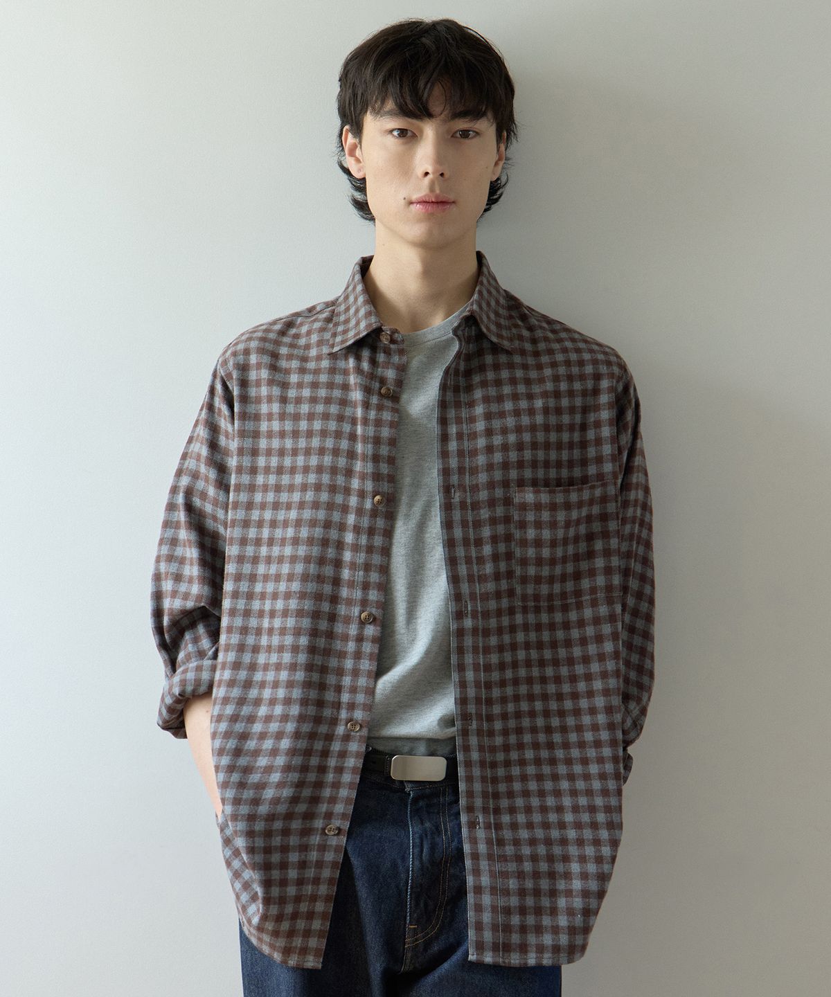 에이리(EYRI) (Unisex)웨이스트 타이 체크 셔츠_브라운