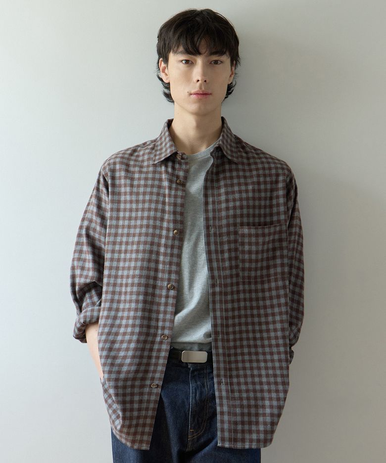 (Unisex)웨이스트 타이 체크 셔츠_브라운