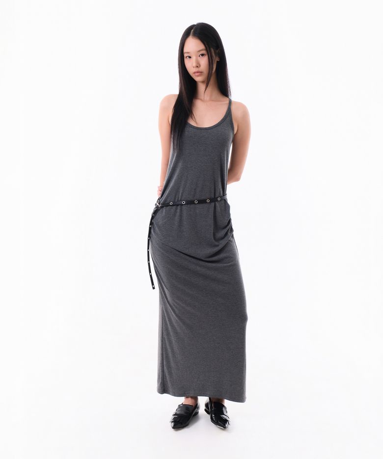 SIDE SHIRRING SLEEVELESS MAXI DRESS (CHARCOAL)