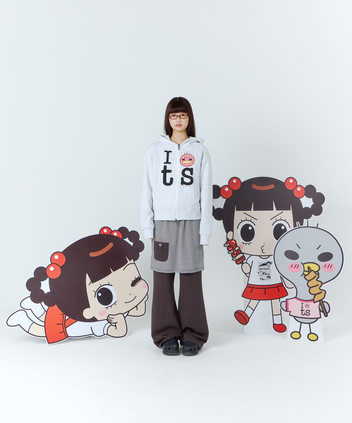 탄산마그네슘(TANSANMAGNESIUM) 안녕자두야X탄산 꼬꼬 후드집업 (화이트멜란지)