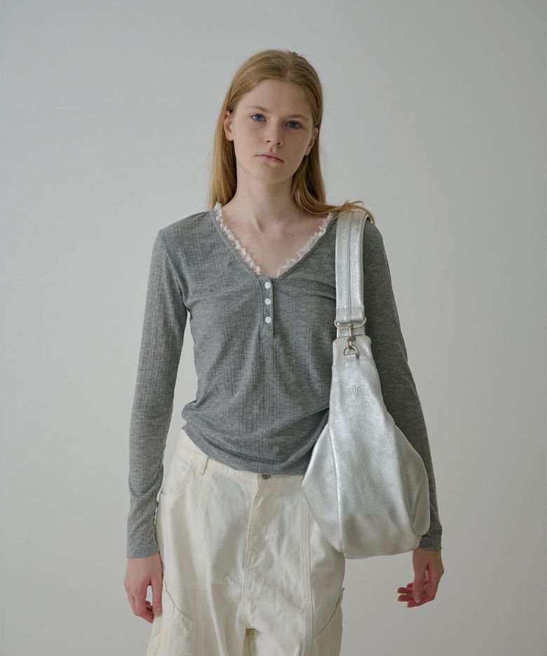 LACE TRIM RIBBED HENLEY T-SHIRT_GREY