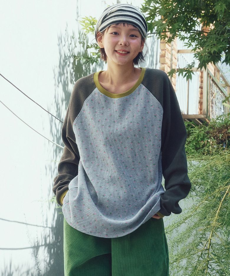 타이니 플라워 와플 래글런 티 (카키/메란지)