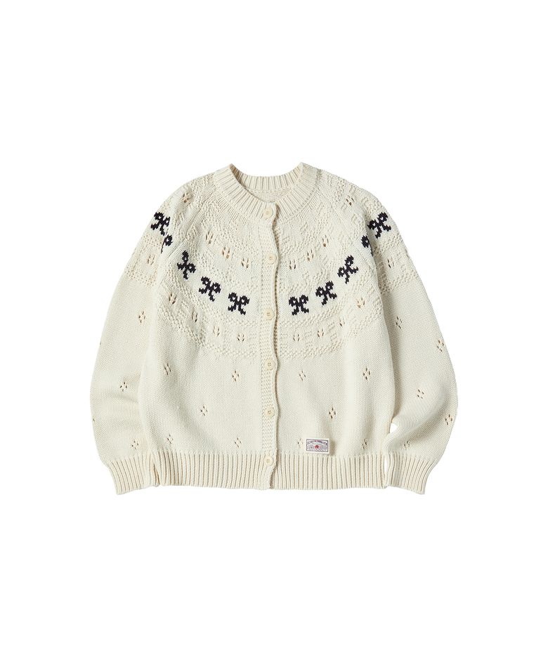 W RIBBON PUNCHING KNIT CARDIGAN [IVORY]