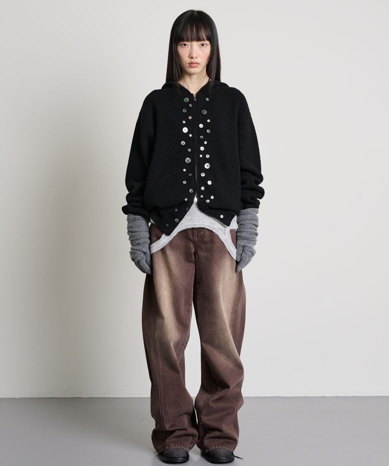 Button Detail Wool Knit Zip-Up Hoodie_Black