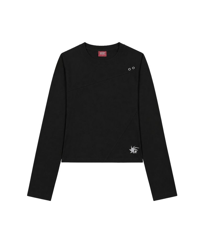 Crop Eyelet Cut-Out Long Sleeve T-Shirts Black