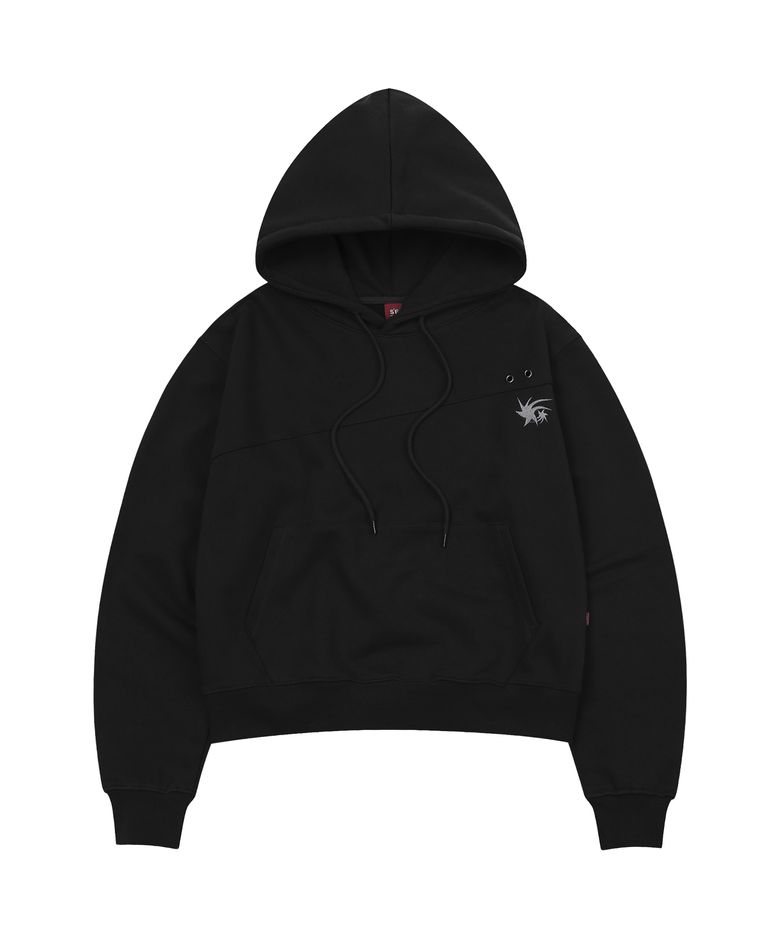 Crop Eyelet Cut-Out Hoodie Black