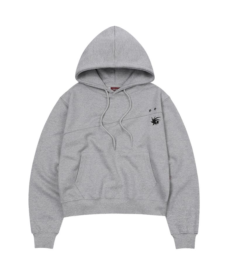 Crop Eyelet Cut-Out Hoodie Gray