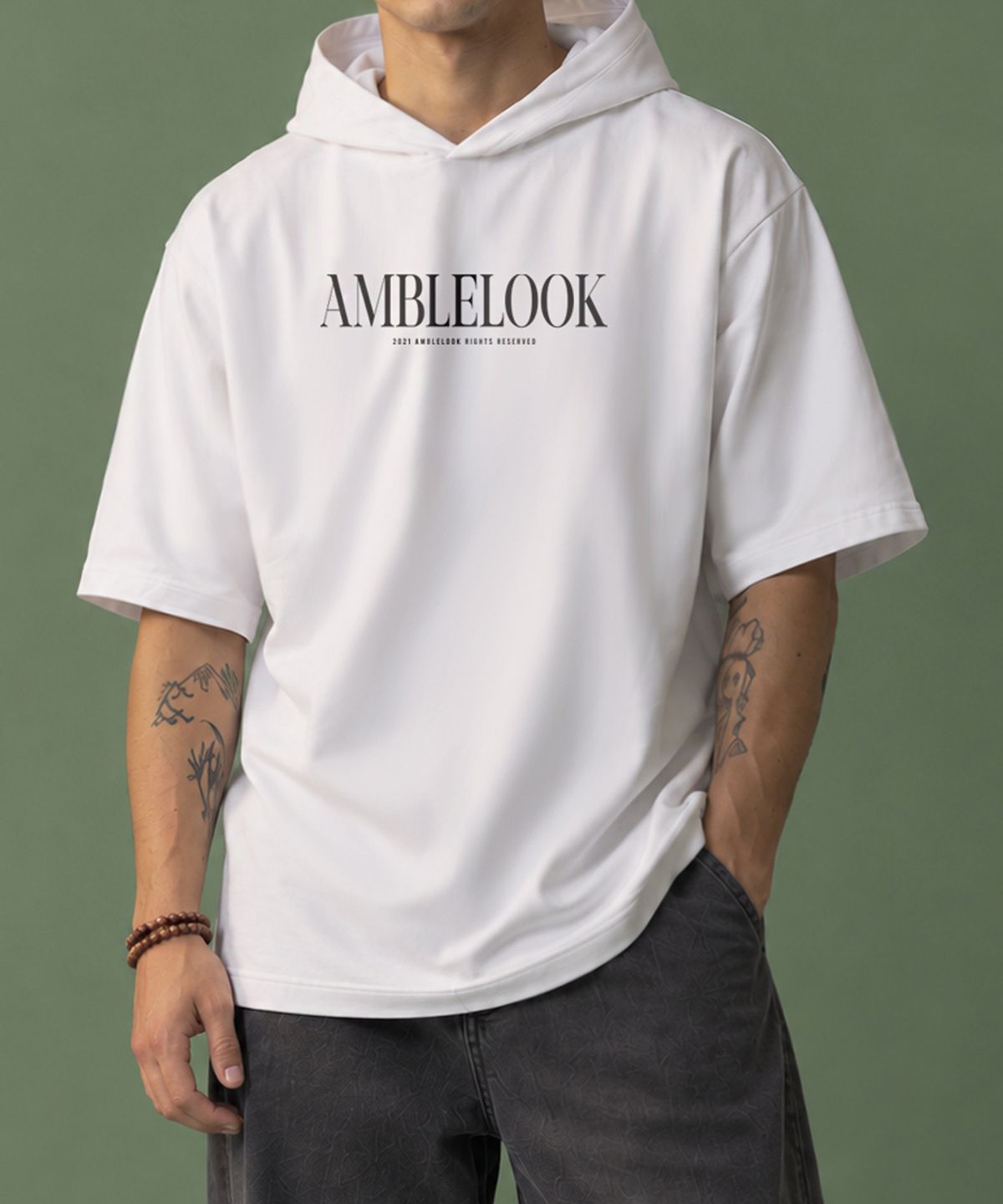 엠블룩(AMBLELOOK) 프리미엄 면스판 후드반팔티 어센틱 (3color)
