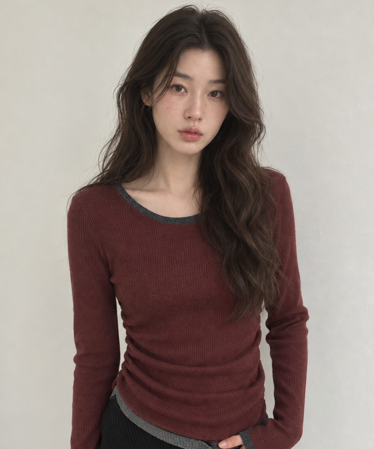 넌즈시(NUNZSI) 앙고라 셔링 배색 티셔츠 버건디