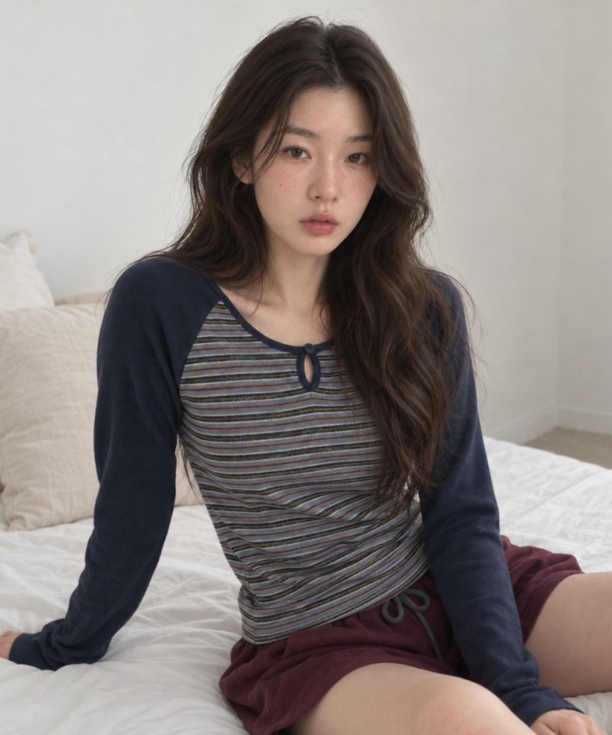 넌즈시(NUNZSI) 스트라이프 레글런 단추 티셔츠 네이비