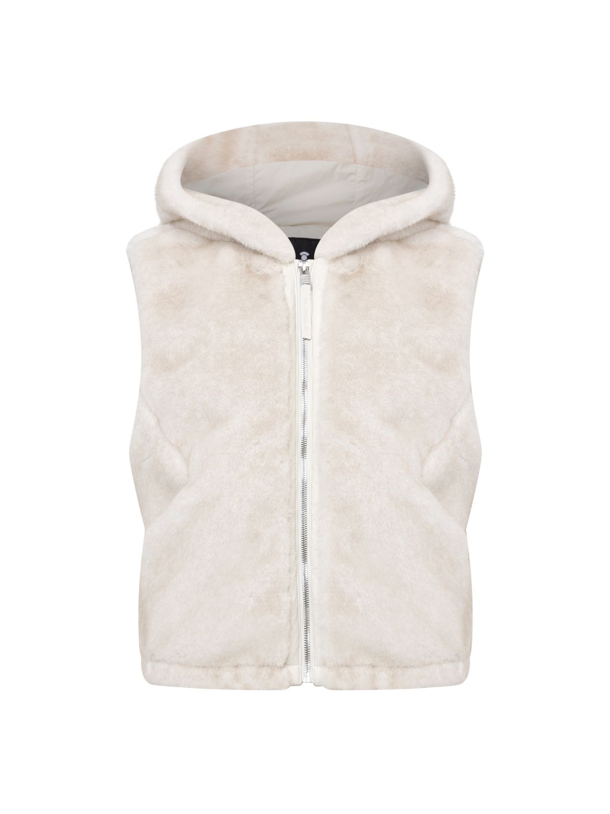 와이드앵글(WIDEANGLE) CO 플럼핑 페이크밍크 후드 베스트 L_Beige_WWW26671E2