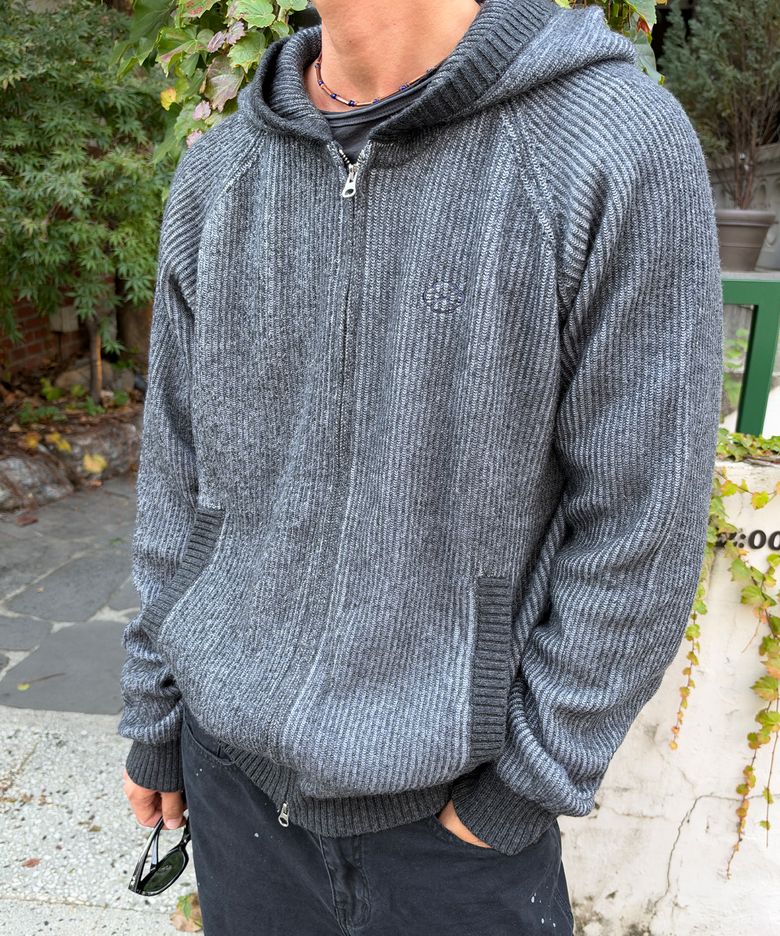 HOODED KNIT ZIP CARDIGAN (CHARCOAL)