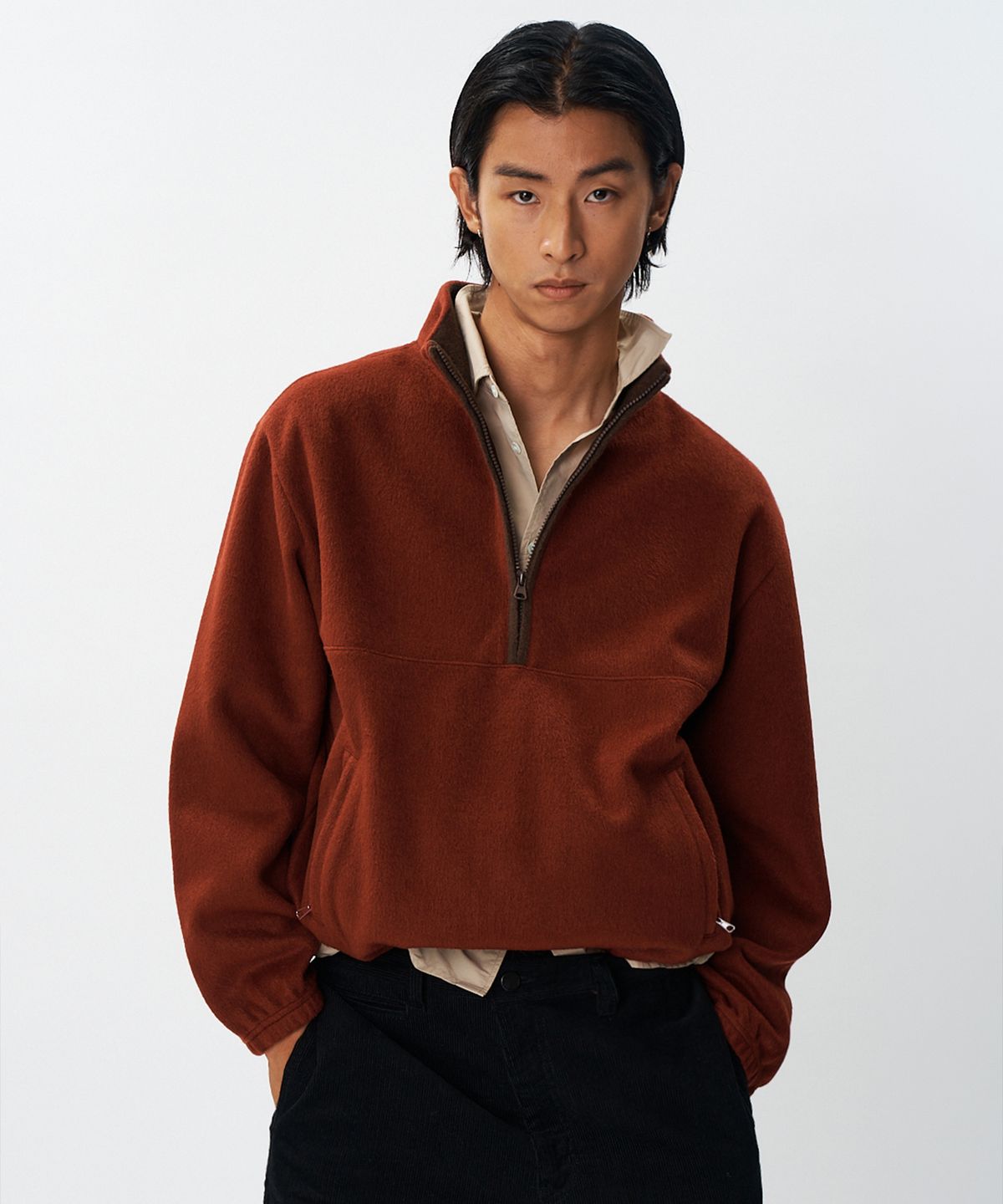플랙(PLAC) 울 블렌디드 하프집업 플리스 버건디