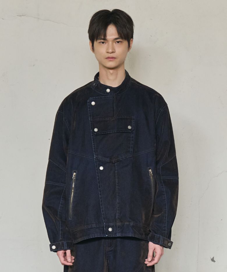 VELVET  DIAGONAL BIKER DENIM JACKET (BLUE)