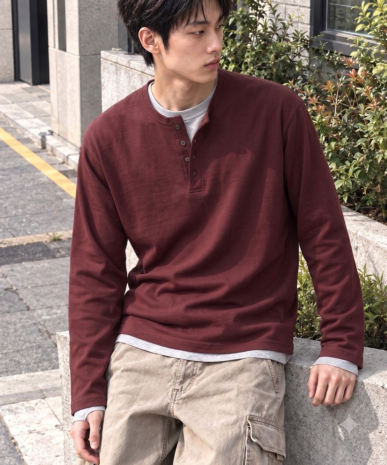 크롭 헨리넥 롱슬리브 티셔츠 버건디