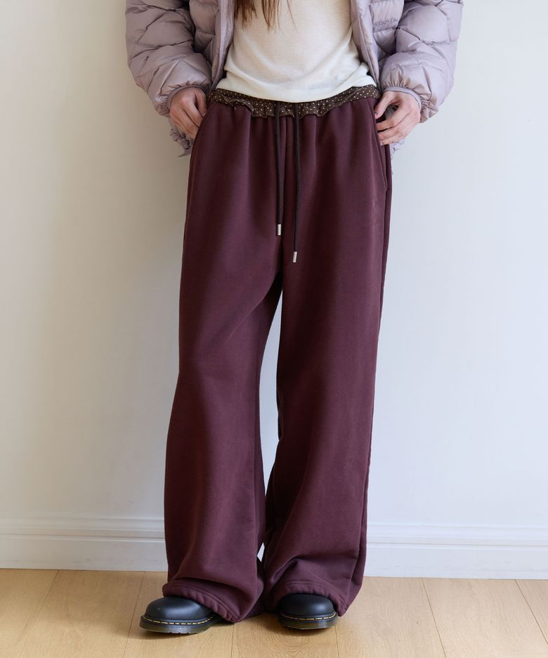 DOT WAIST FRILL SWEAT PANTS DEEP BURGUNDY
