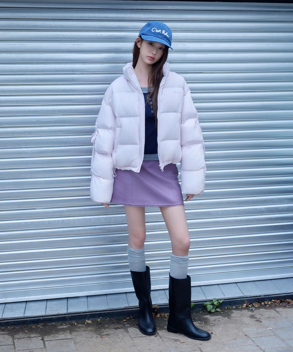 로라로라(ROLAROLA) LACE TRIM LEATHER MINI SKIRT PURPLE