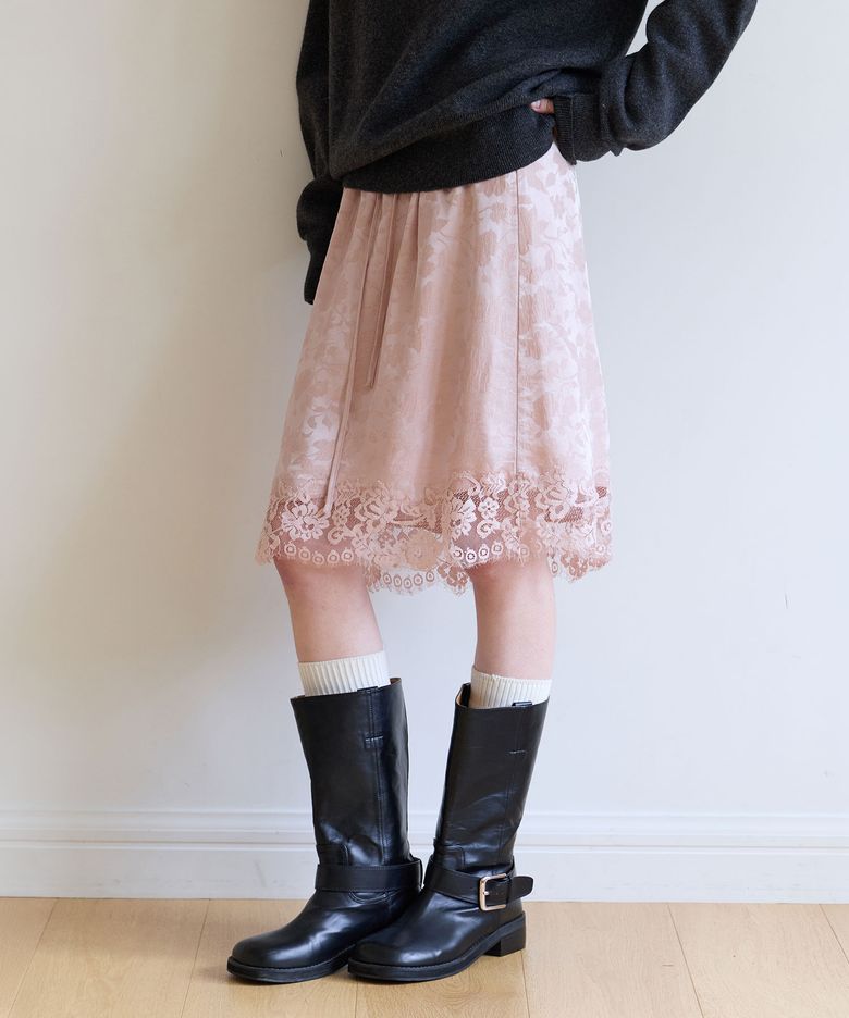 FLORAL SATIN LACE MIDI SKIRT PINK
