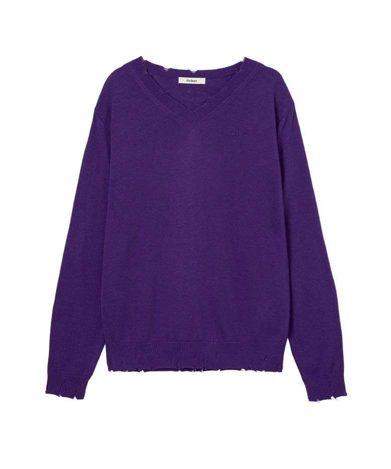 V-NECK DISTRESSED BASIC PULLOVER IN PURPLE