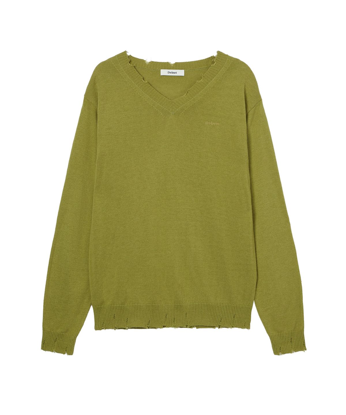다이닛(DEINET) V-NECK DISTRESSED BASIC PULLOVER IN OLIVE