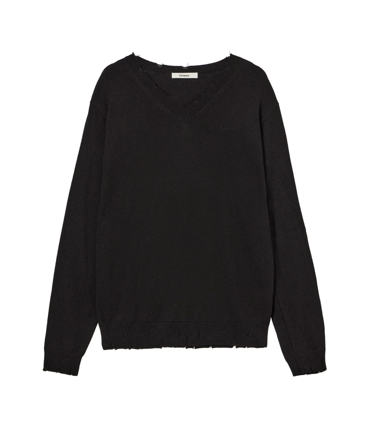 다이닛(DEINET) V-NECK DISTRESSED BASIC PULLOVER IN BLACK