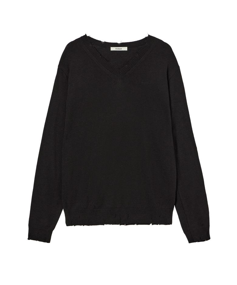 V-NECK DISTRESSED BASIC PULLOVER IN BLACK